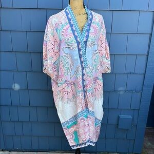 Source Unknown Multicolor Kimono Dress NWOT pink blue Silk XL caftan dress tunic